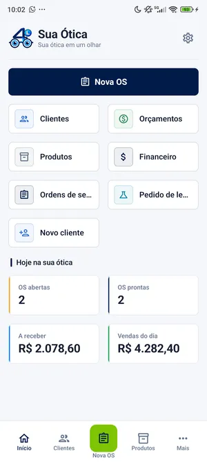 Pantalla de inicio de Four Eyes Lite con accesos a clientes, productos, finanzas y órdenes de trabajo, y el resumen del día