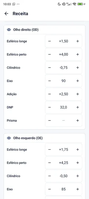 Pantalla de receta oftalmológica de Four Eyes Lite con los campos de ojo derecho y ojo izquierdo