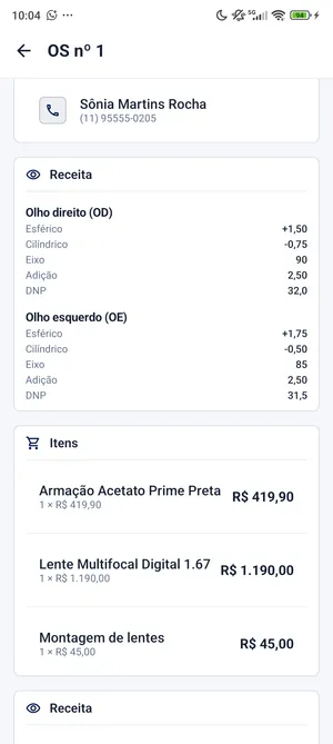 Orden de trabajo en Four Eyes Lite con la receta de la clienta y los artículos del pedido