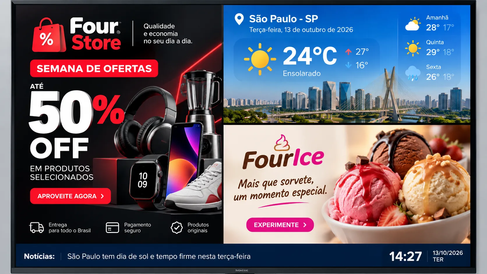 Material comercial ilustrativo oficial en portugués. La composición de ofertas, clima y noticias no es una captura del sistema ni una demostración de widgets disponibles.