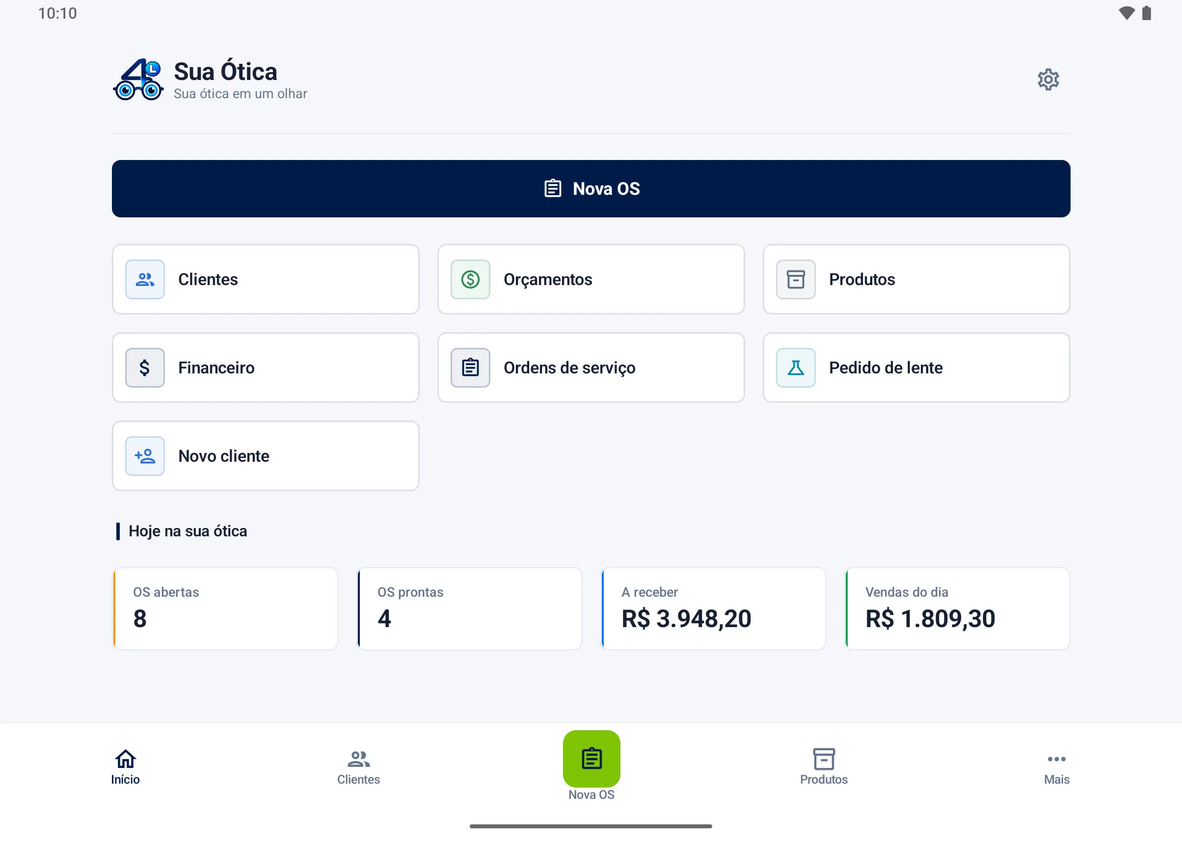 Real Four Eyes Lite screen: home panel with customers, work orders and finances